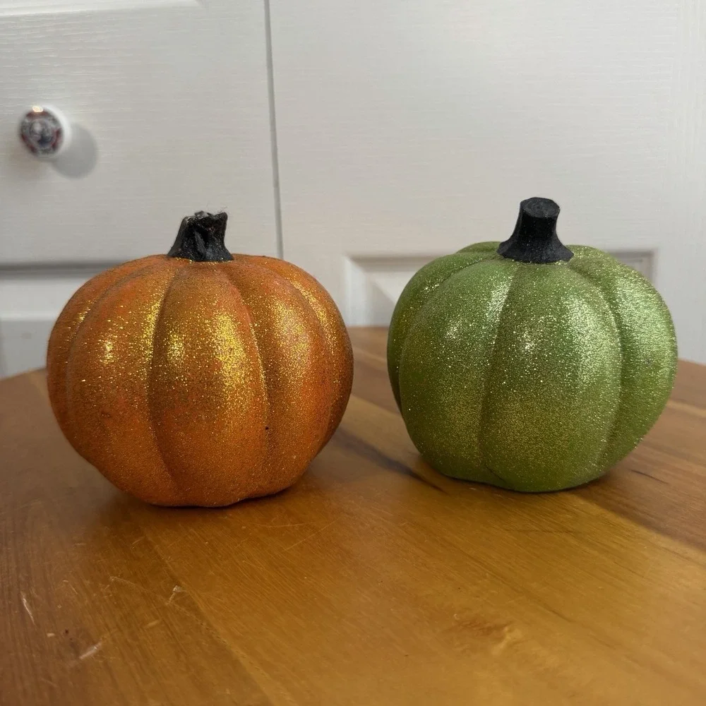 Hobby Lobby Orange Green Set Of 2 Table Decor Pumpkins Fall Halloween Sparkly